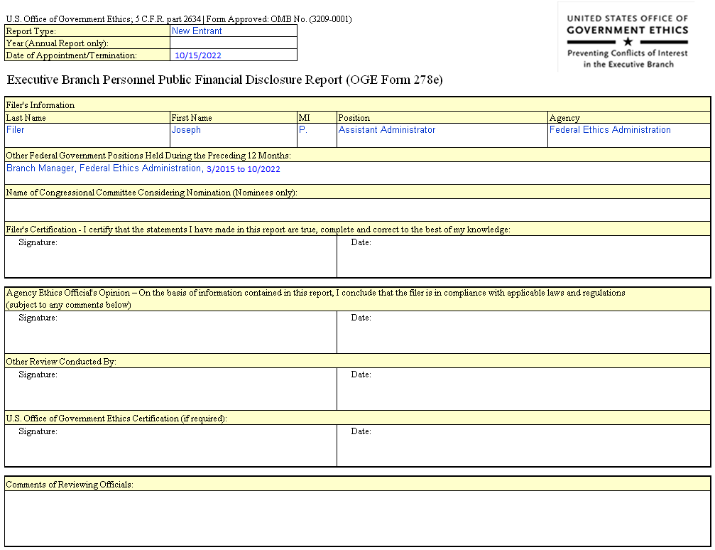 OGE Form 278e: Cover Page